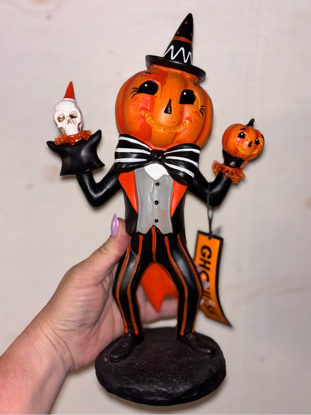 Whimsical Pumpkin Head Halloween Figurine - Orange & Black